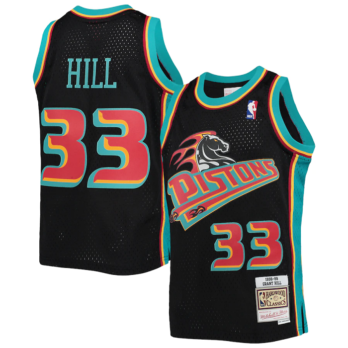 Men's Detroit Pistons #33 Grant Hill 1998-99 Black Mitchell & Ness Throwback Stitched Jersey